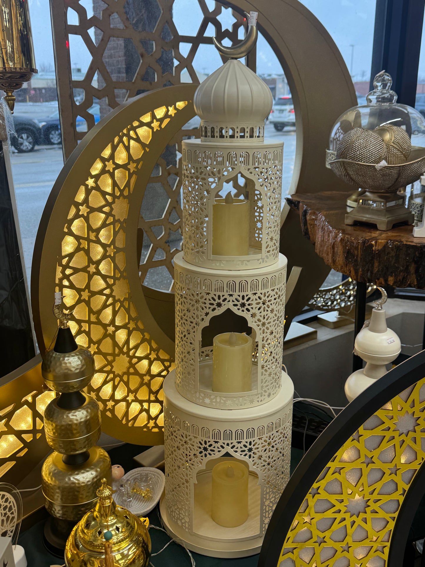 3.1 FT Ramadan round Metal Lantern Tower Decor (Candles Included) Ramadan Moon Lantern Tower – 3.1 Ft Metal Decor with LED Candles