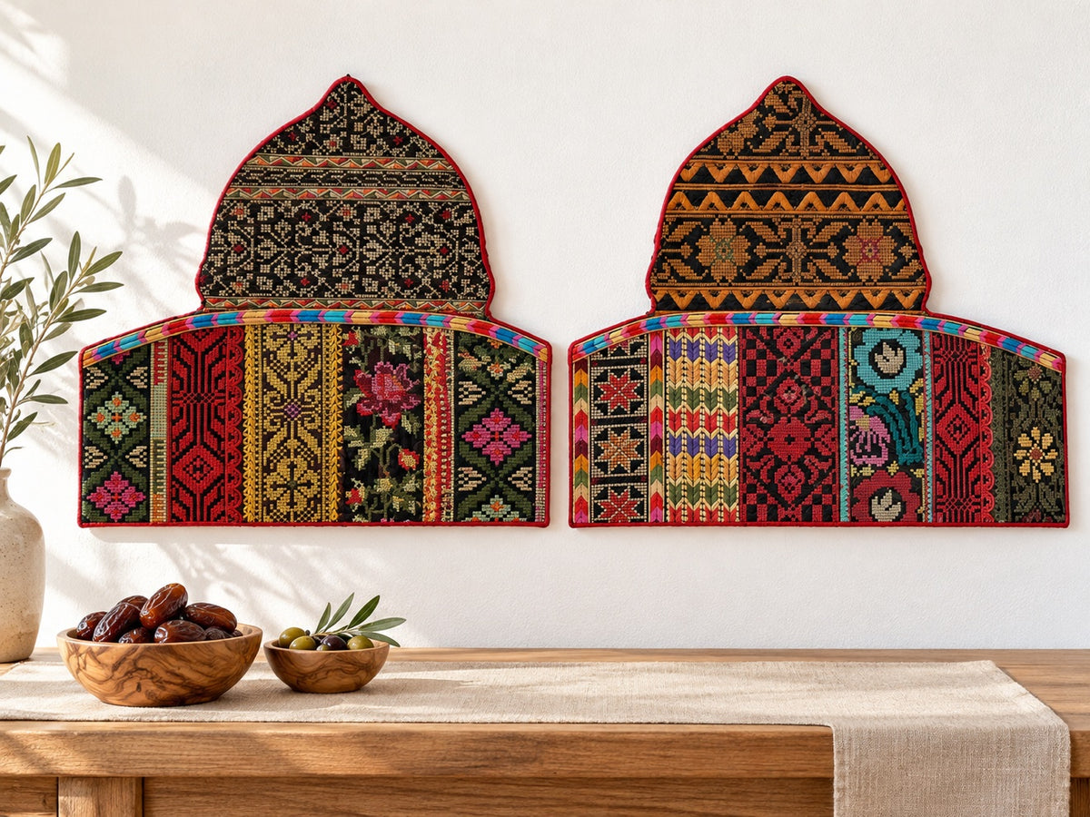 Two dark Dome of the Rock tatreez wall hangings
