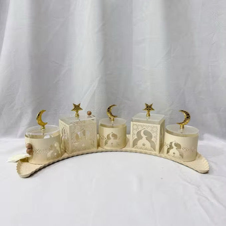 Elegant Metal Ramadan Tray Centerpiece with Gold Acrylic Crescent & Star Toppers (20”)