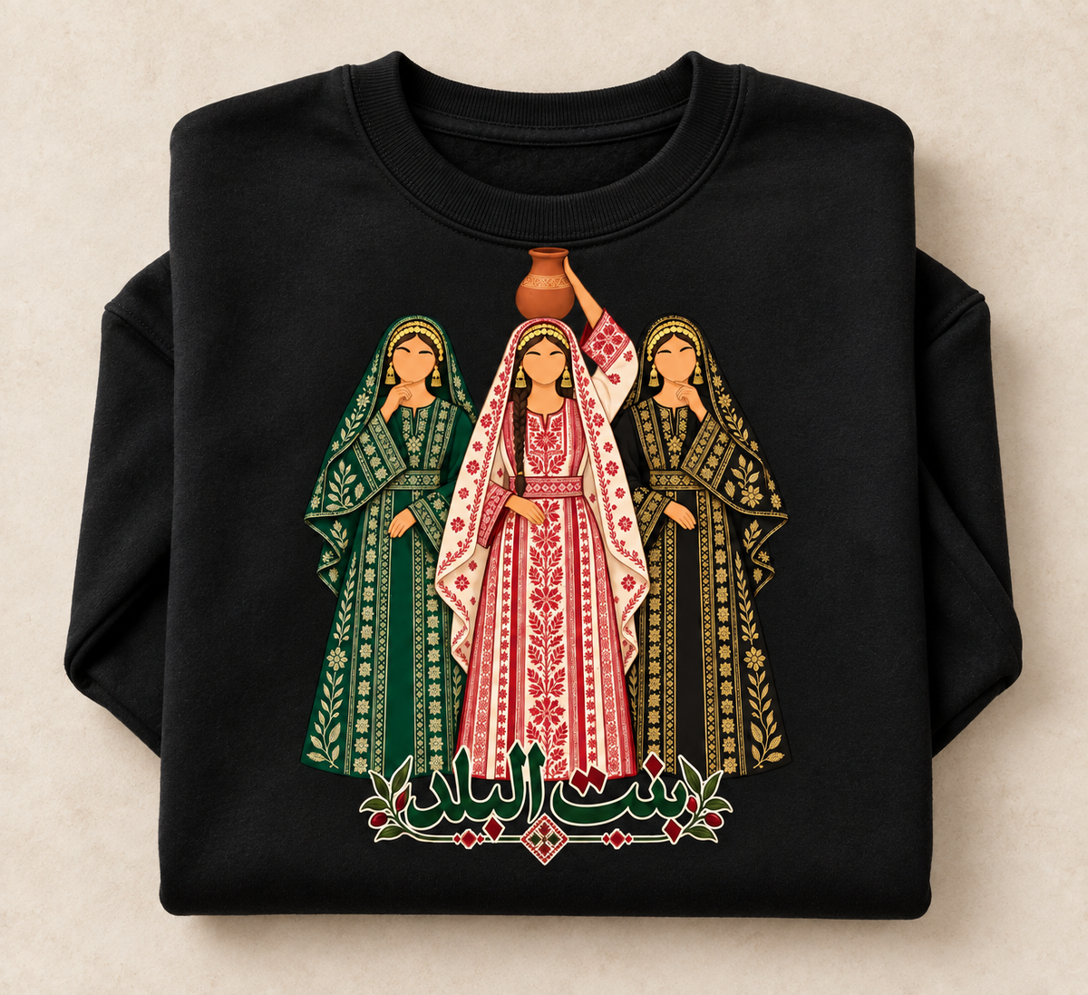 YOUTH Bint Al Balad Palestinian Crewneck Sweatshirt – Traditional Thobe Design – Black