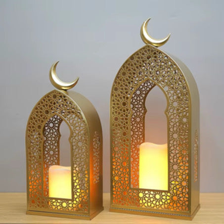 Ramadan Gold Metal Lantern Set (2 Sizes) – Includes 2 Candles