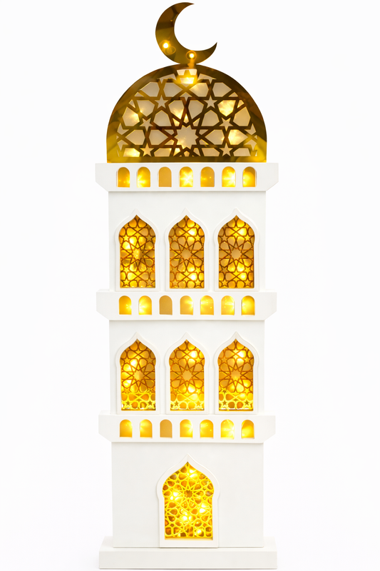 Extra-Large LED Minaret Tower Ramadan Decor (White + Gold)