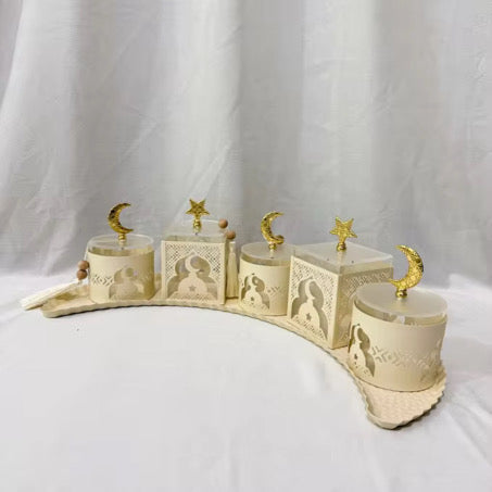 Elegant Metal Ramadan Tray Centerpiece with Gold Acrylic Crescent & Star Toppers (20”)