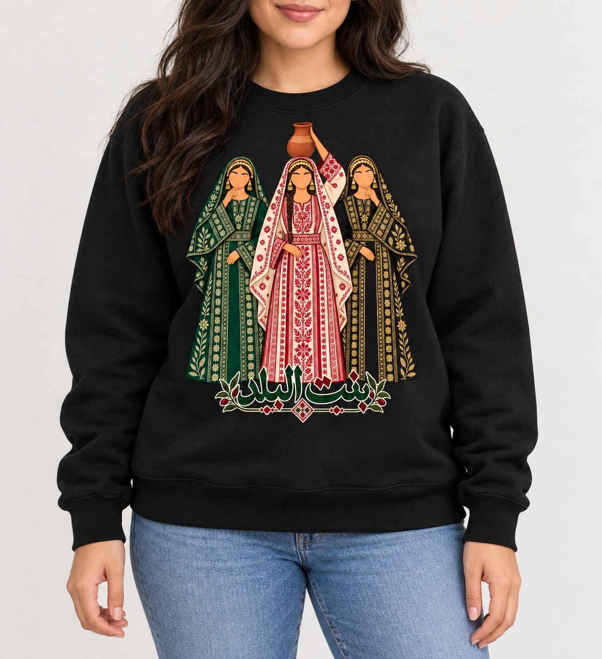 YOUTH Bint Al Balad Palestinian Crewneck Sweatshirt – Traditional Thobe Design – Black