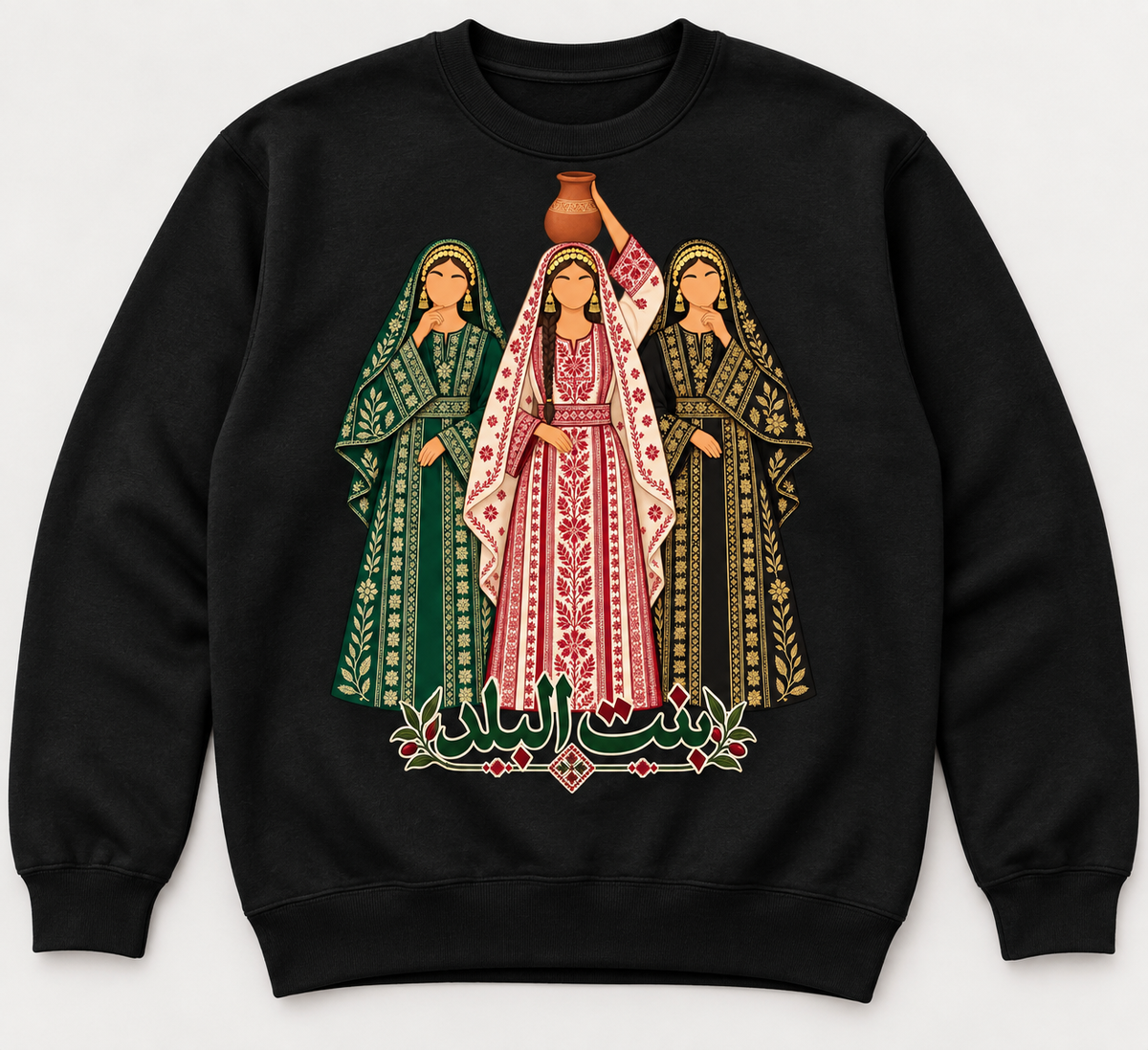YOUTH Bint Al Balad Palestinian Crewneck Sweatshirt – Traditional Thobe Design – Black