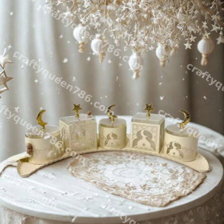 Elegant Metal Ramadan Tray Centerpiece with Gold Acrylic Crescent & Star Toppers (20”)