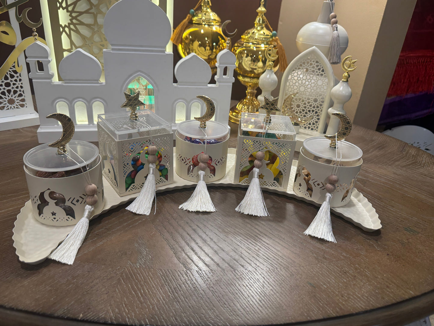 Elegant Metal Ramadan Tray Centerpiece with Gold Acrylic Crescent & Star Toppers (20”)