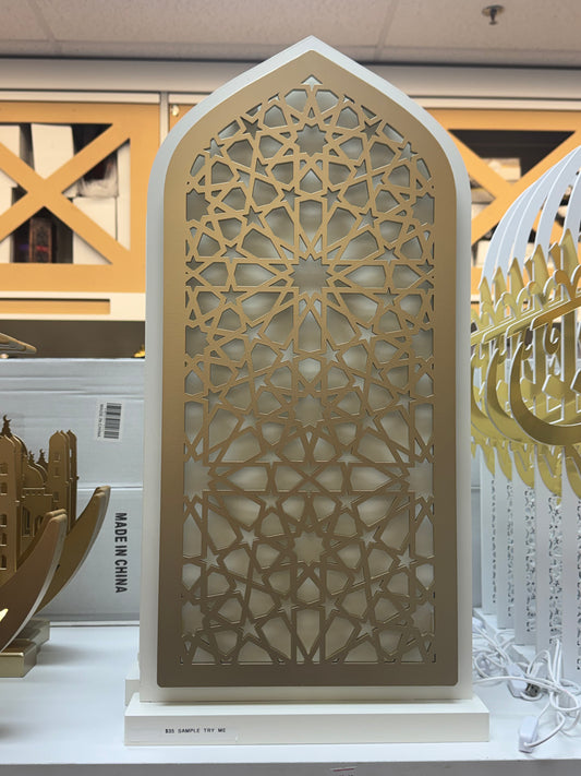 Wooden Islamic Geometric Arch LED Decor (USB Powered) – 24.4” Tall ✨