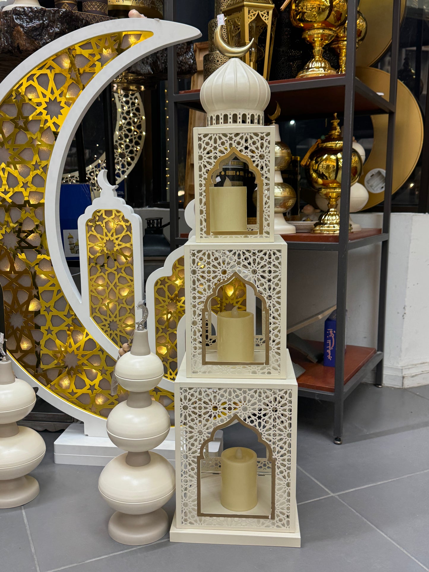 (preorder for jan15-20).    3.1 FT Ramadan Metal Lantern Tower Decor (Candles Included)  Ramadan Moon Lantern Tower – 3.1 Ft Metal Decor with LED Candles