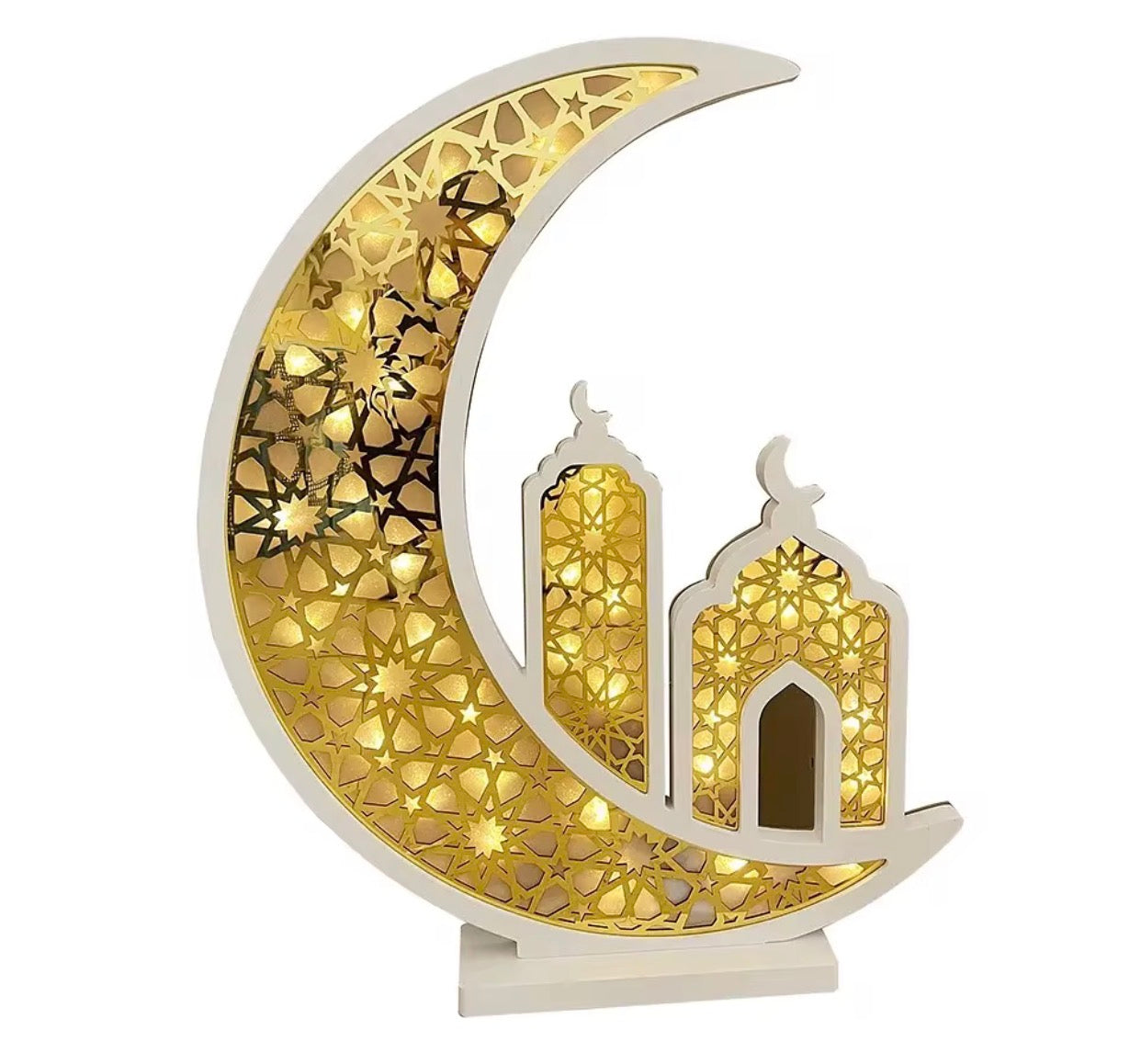 Large LED Crescent with attached minaret ; ramadan Decor (white Frame + Gold)