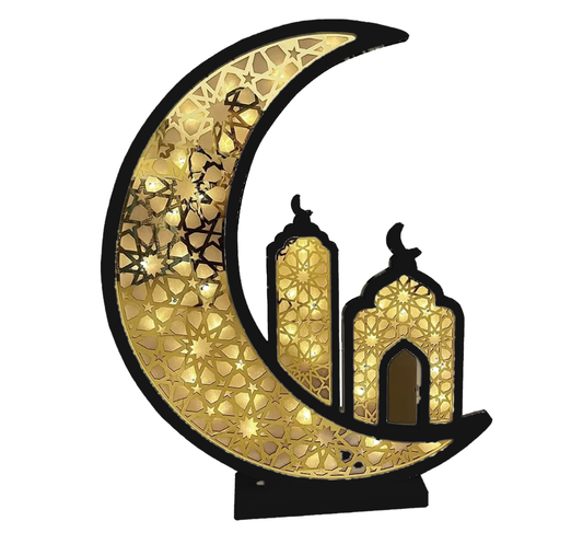 Large LED Crescent attached minaret Masjid ramadan  Decor (Black Frame + Gold)