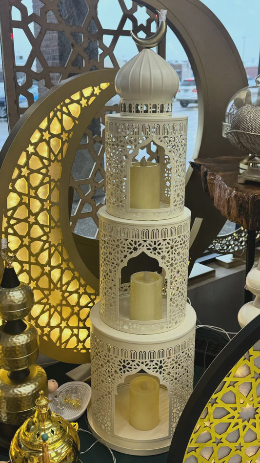 3.1 FT Ramadan round Metal Lantern Tower Decor (Candles Included)  Ramadan Moon Lantern Tower – 3.1 Ft Metal Decor with LED Candles